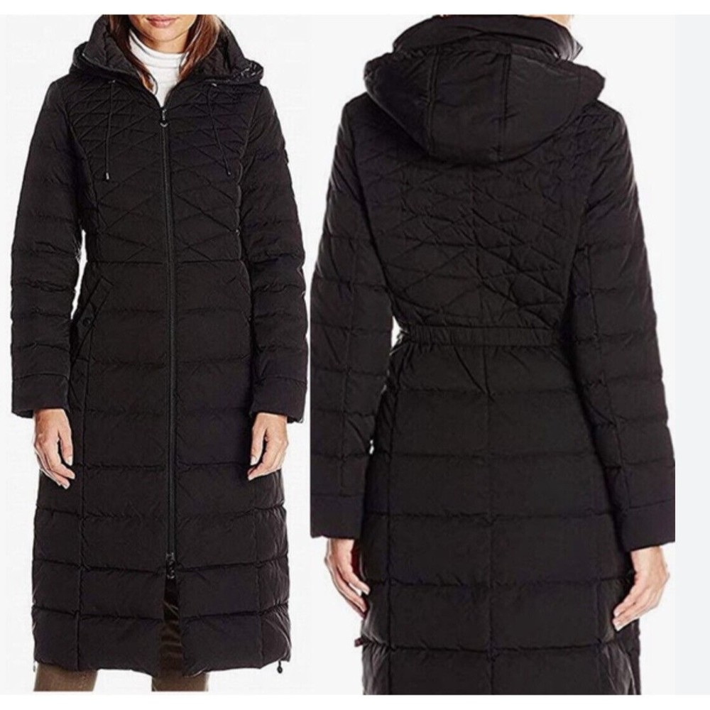 BERNARDO Quilted CALF Long Coat JACKET EcoPlume Fill HOODED ZIPPER  L Puffer - Picture 2 of 10